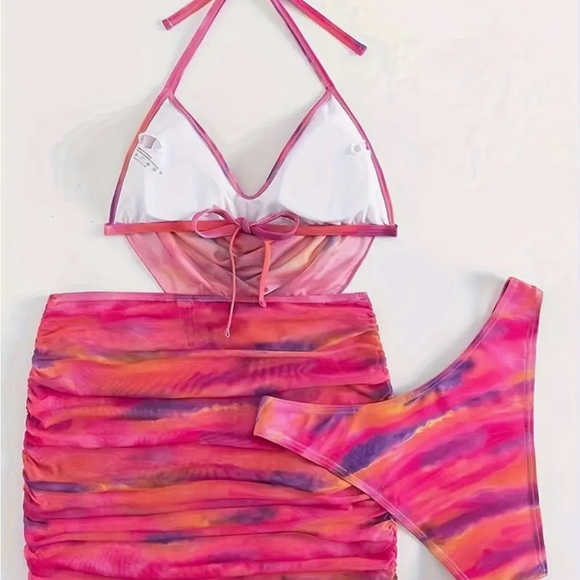 3pc Pink Ombre Halter High Cut Bikini Set With Ruched Cover Up Skirt - Picture 3 of 7